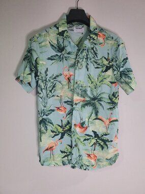 Old Navy Tropical Hawaiian Button-Up Shirt Men's Size M Green Palm Tree Print